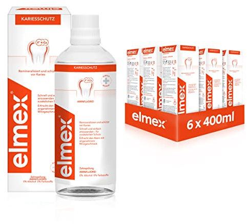 elmex Mundspülung Kariesschutz 6x 400ml – antibakterielle Zahnreinigung ohne Alkohol schützt effektiv vor Karies – für die tägliche Anwendung mit zweifach aktivem Kalzium-Fluorid Schutzschild