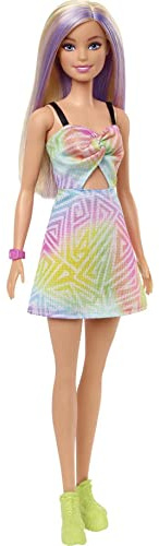 Barbie Fashionistas, Puppe mit blonden Haaren und lila Strähnen, Kleid mit Regenbogen-Ausschnitt, rosa Uhr, lindgrüne Schuhe, inkl Puppe, Geschenk für Kinder, Spielzeug ab 3 Jahre,HBV22
