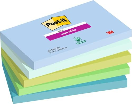 Post-it Super Sticky Notes Oasis Collection, Packung mit 5 Blöcken, 90 Blatt pro Block, 76 mm x 127 mm, Blau, Grün - Extra-stark klebende Notizzettel für Notizen, To-Do-Listen und Erinnerungen