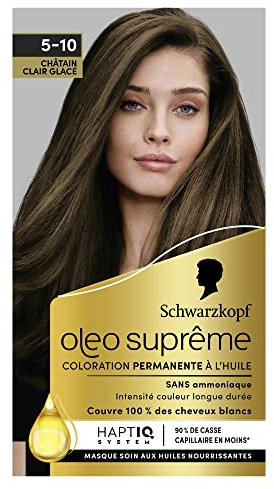 Schwarzkopf – Oleo Suprême – Coloration Permanente à l’Huile – Couleur et Eclat Longue Durée – sans Ammoniaque – Couvre 100% des Cheveux Blancs – HaptIQ Système – Châtain Clair Glacé 5-10