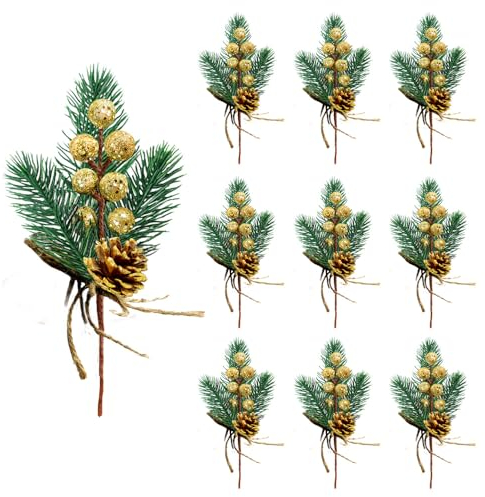RXXR 10 Plettri artificiali, aghi di pino, piccole bacche, pigne per composizioni floreali, ghirlande, decorazioni per albero di Natale (oro)