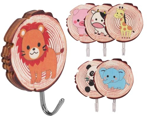 Svalor 6 Stück Selbstklebender Haken Set, Niedlich Haken Selbstklebend aus Holz, Tierformen Wandhaken aus Holz, Wandhaken Holz Ohne Bohren, Bunt Kleiderhaken Kinder, für Toilette, Schlafzimmer, Büro