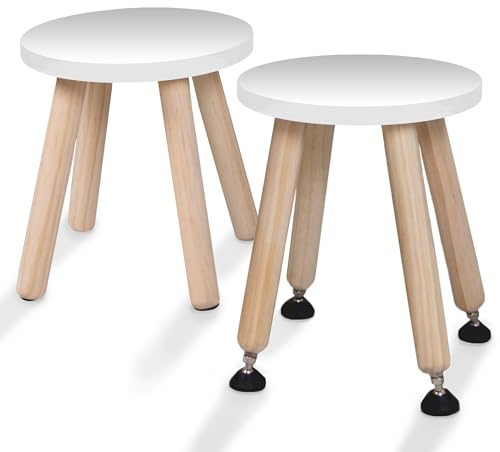 Cateam Tritthocker aus Holz für Kinder und Kleinkinder – 2er-Set – Weiß – Kinderhocker mit ausziehbaren Beinen – sensorischer Tischhocker – runder Sitzhocker für Kinder mit Nivellierfüßen
