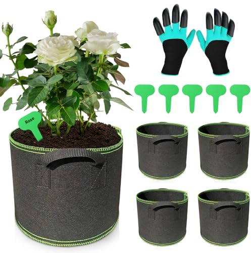 Riisoyu 5 Piezas Bolsas de plantación, 12L Reutilizable Macetas de Tela no Tejida con Asas de Correa Etiquetas para Plantas Guantes Contenedor de Plantación para Plantas para Verduras Patatas Tomates