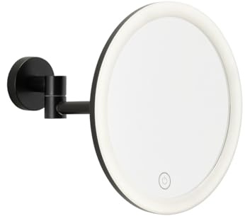 tesa VISIOON LED-Kosmetikspiegel - kabelloser Schminkspiegel mit dimmbarer Beleuchtung - Touch Control, integrierter Akku, 5-fache Vergrößerung, Gelenkarm - Wandmontage ohne Bohren - 18 cm - Schwarz