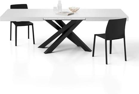 MOBILI FIVER, Table Extensible Emma 160(240) x90 cm, Frêne Blanc avec Pieds Croisés Noirs, pour 6-10 Personnes, Table Extensible pour Cuisine, Salon, Made in Italy