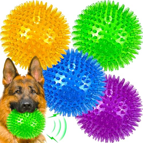 LECHONG 4-Pack Large Squeaky Dog Balls, 4.5 Rubber Spiky Dog Balls for Large Medium Aggressive Chewers Teeth Cleaning, Chew Toy for Training & Boredom Buster