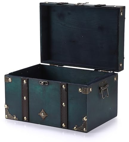 ELLDOO Vintage Treasure Chest, Pirate Keepsakes Box for Gifts, Wooden Storage, Green Decorative Container for Jewelry, Pearl Trinkets, Tarot Cards - Large