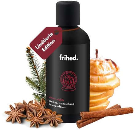 frihed.® Infusion pour sauna Winter Nights - Cannelle, anis étoilé et huile de pomme cuite - Parfum de Noël et longue durée - Édition limitée - Bouteille en verre de 100 ml - Fabriqué à Lunebourg