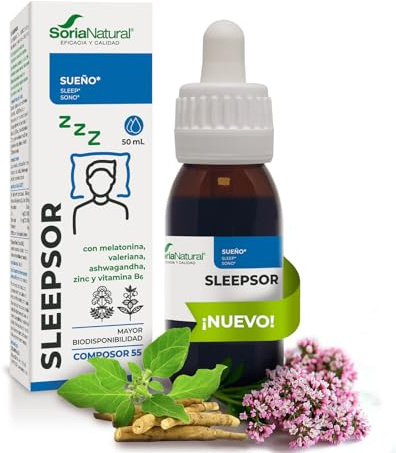 Melatonina con Valeriana, Ashwagandha, Zinc y Vitamina B6 - Ayuda a Conciliar el Sueño, y Contra el Insomnio, Contribuye a Combatir el Estrés - Composor 55 Sleepsor - Bote de 50 ml Soria Natural