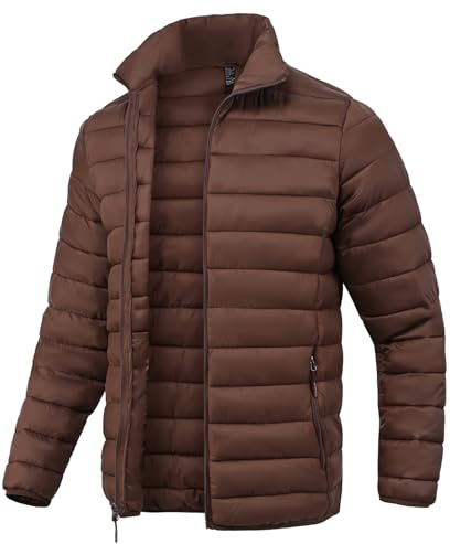 SPOSULEI Men Puffer Jacket Packable Lightweight Winter Jackets Coats Outdoor Waterproof Insulated Jackets, Brown, Large