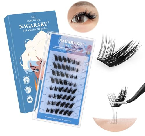NAGARAKU Pestañas Postizas Autoadhesivas 48 Pcs Zorro Volador Sin Pegamento Ni Removedor Reutilizables Aplicación En Un Solo Paso Ángulo Exterior Con Efecto Delineador Incorporado 0,07mm C 5-15mm