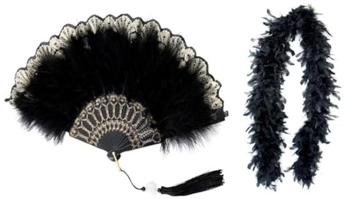 KarnevalsTeufel Federboa mit Schwarzer Federfächer, Schwarze Federboa, Federstola Federschal Kostüm Karneval, Flauschige Truthahnfedern Boa Für Karneval, Tanzen, Hochzeitsfeier 20er Jahre Charleston