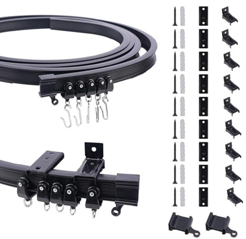 KJLEEN Bendable Ceiling Curtain Track 3M/9.8Ft Flexible Ceiling Curtain Rail Track and Fittings, Heavy Duty Wall Mounted Curtain Track for Bay Window RV Shower Corner Room Divider (Black, 3 Meter)