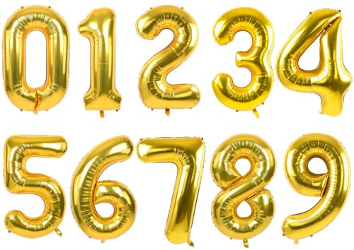 DecoGlee 16 Inch Gold 0-9 Number Mylar Foil Balloons 10 Pcs Gold Custom Digital Balloons for Birthday Party Engagement Graduations Anniversary Bridal Shower Decorations Party Supplies