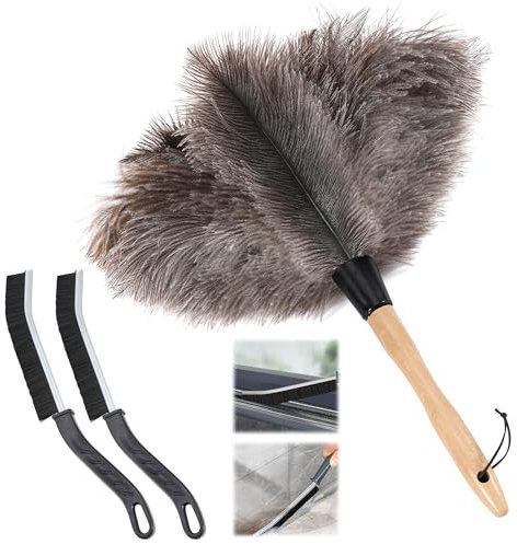 Soarer Plumero de plumas de avestruz – Plumero de plumas reutilizable con mango esponjoso de 14 pulgadas para limpiar ventilador de techo, lámpara colgante, techo alto, persianas, muebles