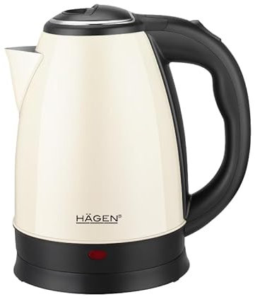 Hagen - Bollitore elettrico compatto in acciaio inox, design elegante, base a 360°, capacità 1,8L, 1500W, base a 360°, filtro rimovibile e lavabile, Crema