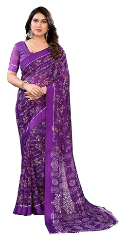 ETHNICMODE Indian Saree For Women Printed Georgette Light Weight Party Wear Purple Sari With Unstitched Purple Blouse Piece-1210