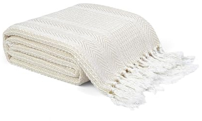 EHC Pre-Washed Throw Blanket, Handwoven Cotton Throws for Sofas Bed Settee Couch Cover Reversible, Single 127 x 152 cm, Natural