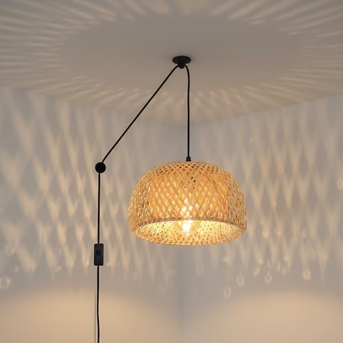 BARCELONA LED - Lámpara Colgante de Mimbre Artesanal Yonna con Cable y Enchufe,Pantalla de Mimbre Natural para Techo Interior, Estilo Boho Rústico, Compatible para Salón,Restaurante y Café
