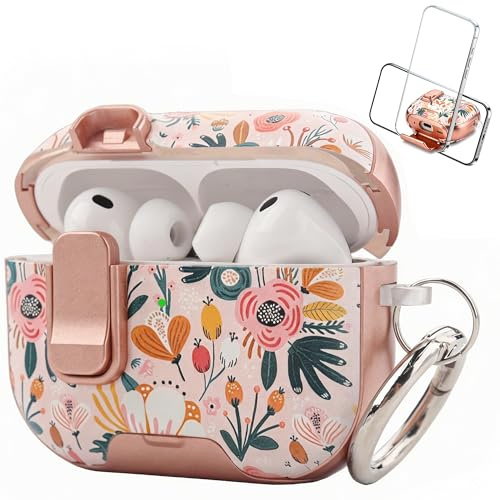 Pouc Fodral för AirPods Pro 3 med lås (2025), fodral för AirPods Pro 3 söt blommönster för AirPods Pro 3:e generationen, rosa fodral med telefonhållare och karbinhake - blomma