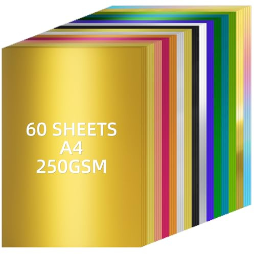 APXEL Cartulina de Colores Metalizadas, Cartulina con Efecto Espejo A4, 20 Colores 60 Hojas 250g/m² Papel Reflectante Metálico para Proyectos de Bricolaje, Manualidades y Decoraciones