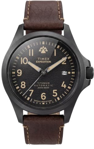 Timex Montre pour Homme Expedition Field Post Automatique 41 mm - Bracelet Marron Cadran Noir boîtier Noir