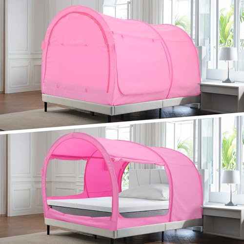 Alvantor Bed Canopy Dream Tent Privacy Space Single Size Sleeping Tent Indoor Pop Up Portable Frame Curtains Breathable Pink Cottage (Mattress Not Included) Reducing Light