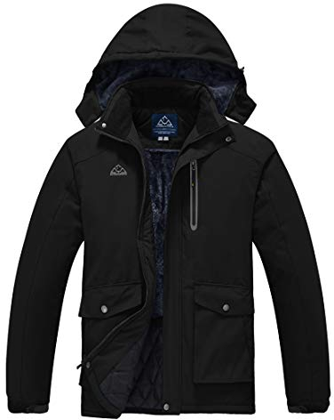donhobo Herren Skijacke Atmungsaktiv Warm Gefüttert Winterjacke Outdoor Winddichte Wasserdicht Snowboardjacke Wanderjacke mit Abnehmbarer Kapuze Scwarz L