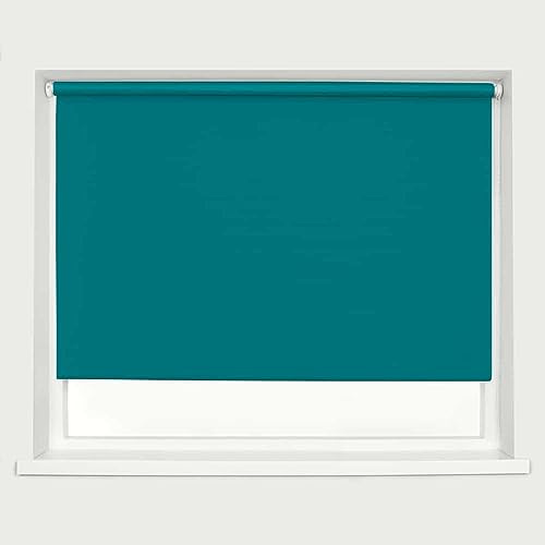 Teal Blackout Roller Blind Metal Fittings Trimmable UV Protection Thermal Properties Premium Fabric Home Office Bedroom Kids Room Child Safe Easy Fit 90cm Width x 160cm Drop