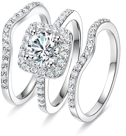 MDFUN 18K White Gold Plated Cubic Zirconia Three-in-One Halo Wedding Engagement Promise Eternity Ring for Women (5.5)