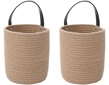 2 Pezzi Cesti per Intrecciati in Corda Cotone, Cesto Portaoggetti, Set Cestini Parete in Tessuto Appendere con Manici in PU, per Riporre Oggetti in Camera Letto, Ufficio, Cucina, Giardino, Patio