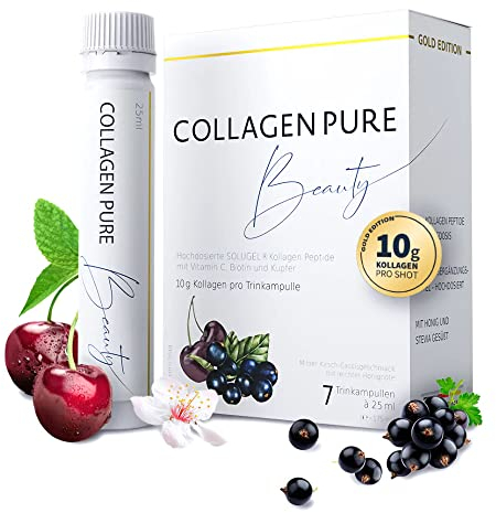 COLLAGEN PURE Beauty | Hochdosiert mit 10g | 4x Mehr Kollagen Pro Trinkampulle | Vitamin C | Biotin | Kupfer | Honig & Stevia | Glow Effekt | Schönheit von Innen (1 Wochen kur)