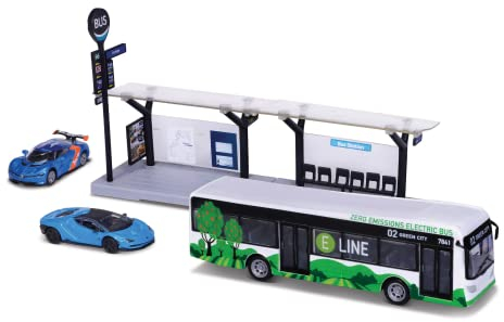 BBURAGO 1/64 öffentliche Verkehrsmittel – Playset City Bus + Station + 2 Fahrzeuge – Blau oder Grün