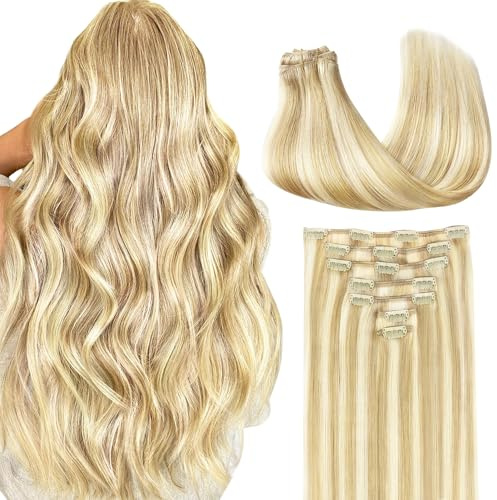 GOO GOO Clip in Human Hair Extensions, 14inch 120g 7pcs, Hair Extensions Clip in, 18D/22F Dirty Blonde Highlights
