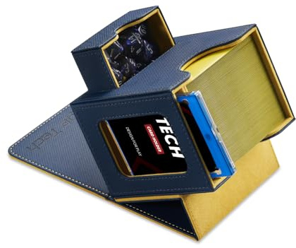 Mage Tech Caja de Mazos Commander para MTG - Diseño Patentado, Exhibición de Commander, Apta para 100 Cartas con Doble Funda, Soporte Magnético de Cartas de 35pt & Bandeja para Dados - azul/amarillo