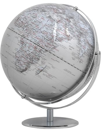 Globo terráqueo de 30 cm de diámetro – JURI – Base de metal cromado – Dos ejes móviles – Plata – TROIKA Original