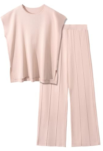 PASUDA 2 Piece Outfits for Women Tracksuits Sweater Sets Lounge Wear Sets Knit Pullover Tops Elastic Waisted Pants Loungewear Set Sleepwear Homewear (Khaki, M)