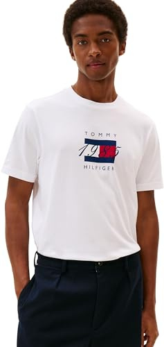 Tommy Hilfiger Camiseta de Manga Corta Hombre Linear Flag Graphic Regular Fit, Blanco (White), L