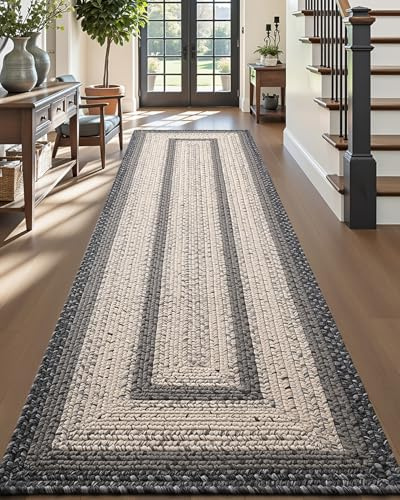 DEXI Woven Hallway Runner Rug, 3x8 Rustic Braided Vintage Carpets, Non Slip Indoor Outdoor Farmhouse Floor Rugs for Entryway, Kitchen, Laundry Room, Black/Ivory