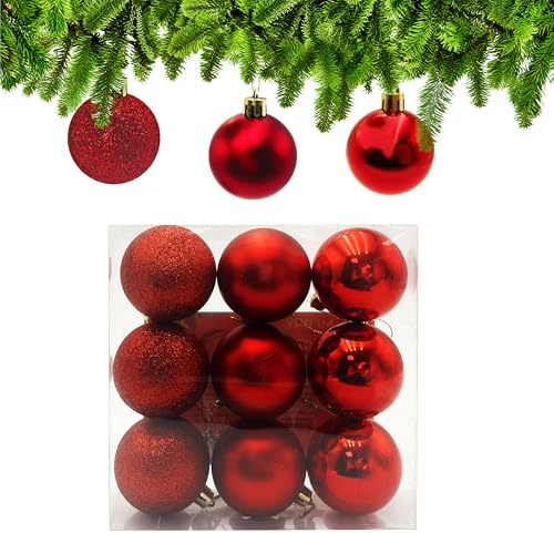 Xcdhemde 9tlg Weihnachtskugeln Rot ∅ 6cm, Christbaumkugeln Rot, Weihnachtsbaumschmuck Plastik, Christbaumschmuck mit Aufhängeband, Weihnachtsbaum Deko für Drinnen & Draußen (3 Matt/Glänzend/Glitzernd)