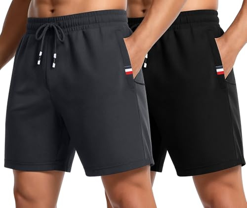 Holure Herr 1 eller 2-pack atletiska shorts i bomull, elastisk midja, träning, löparshorts, innersöm 23 cm med blixtlåsfickor