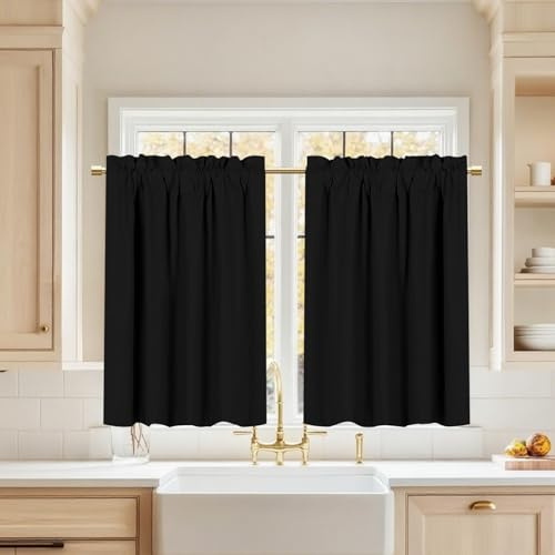 Juego de 2 cortinas cortas térmicas negras para cocina, diseño moderno para ventanas pequeñas, perfectas para puertas de armarios, 85 x 91 cm, bloqueo de luz de bajo consumo, ideal para decoración