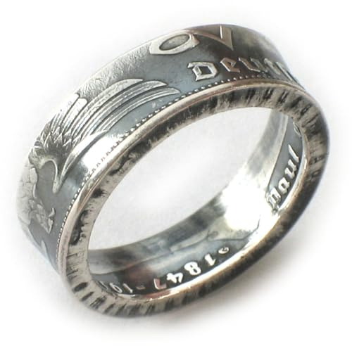 Generisch Münzring 2 Reichsmark 1936-1939 Adler, original Münze Silber 625 im Vintage Finish + Schmuckbeutel - Silberring Handgefertigt in Deutschland, Herren Ring Damen (58 - Ø 18,4 mm)