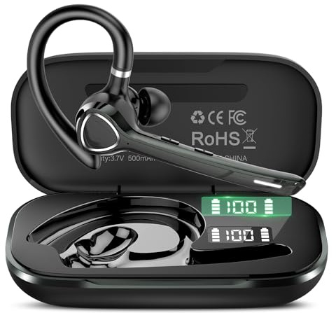 Bluetooth Headset with APTX HD Audio, Wireless Hands-Free Earpiece with CVC 8.0/ENC Dual Mic, Mute Button & Dual Device Connection, 90H Playtime Single-Ear Headphone for Trucker, Business, Black