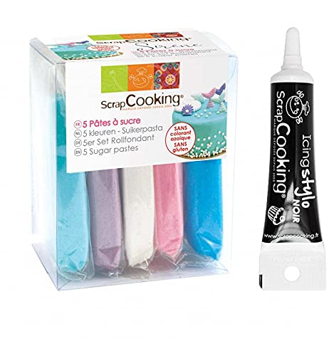 5 pâtes à sucre Sirène 80 g + Stylo de glaçage noir