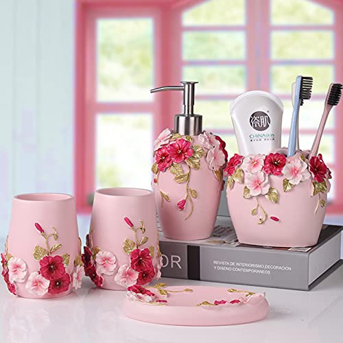 Tauzveok Badezimmerset Mit Blumenmuster 5-Teiliges Harz-Badezimmer-Set Seifenspender, Zahnputzbecher, Seifenschale,Zahnbürstenhalter, Für Zuhause Büro Hotel,Rosa
