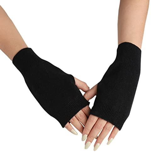 Zngou Cashmere Fingerless Gloves, Black Unisex Wrist Warmers Fingerless Gloves with Thumb Hole Winter Warm Half Fingerless Mittens For Men Women Ladies Christmas Gifts