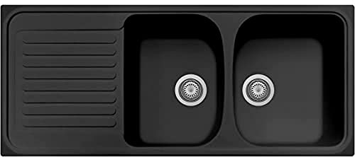 Plados Fregadero de cuarzo de cocina empotrado HR1162 con dos cubetas más escurridor – negro mate