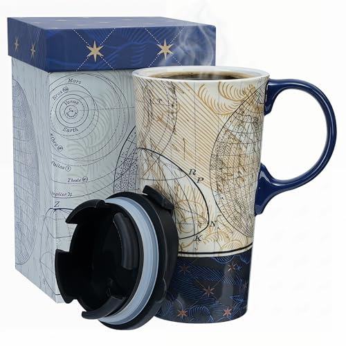 DUSVALLY Tazza da viaggio in ceramica con coperchio, 500 ml, tazza da caffè con manico, tazza da tè celeste con mappa stellare, adatta al microonde e alla lavastoviglie, confezione regalo inclusa